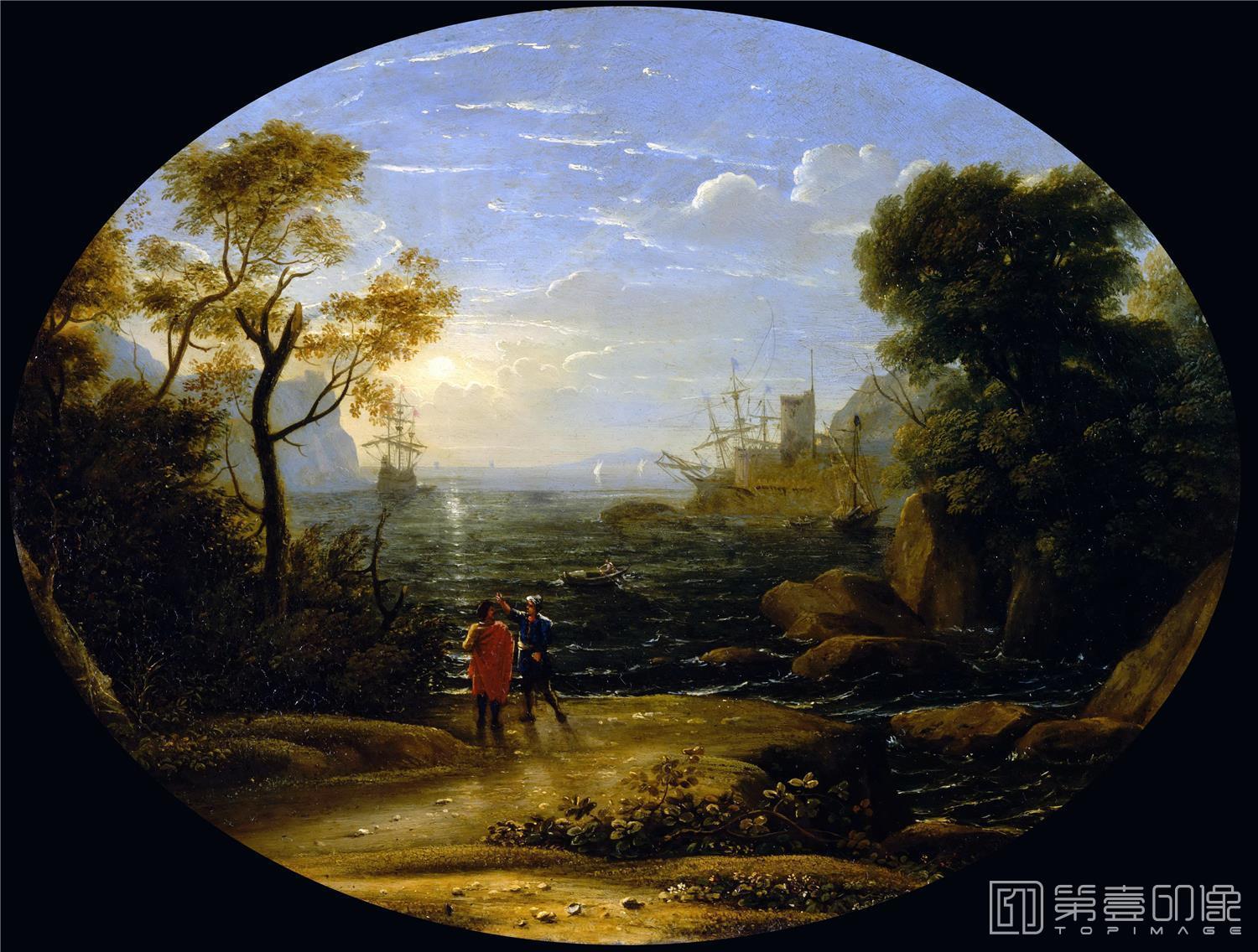 油画-卢浮宫-Claude LorrainSeascape-setting sun-0389
